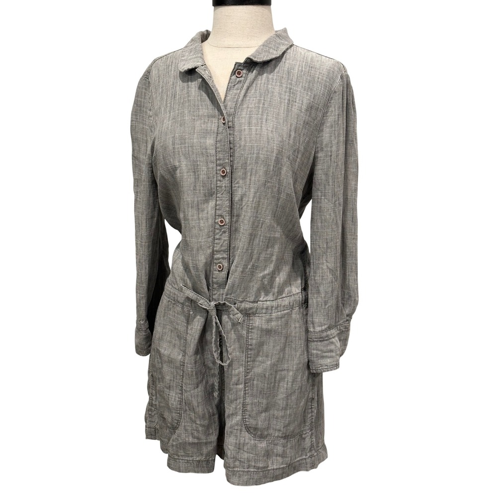 Level 99 Womens Small Grey Linen Blend Long Sleeve Button Romper LK4086